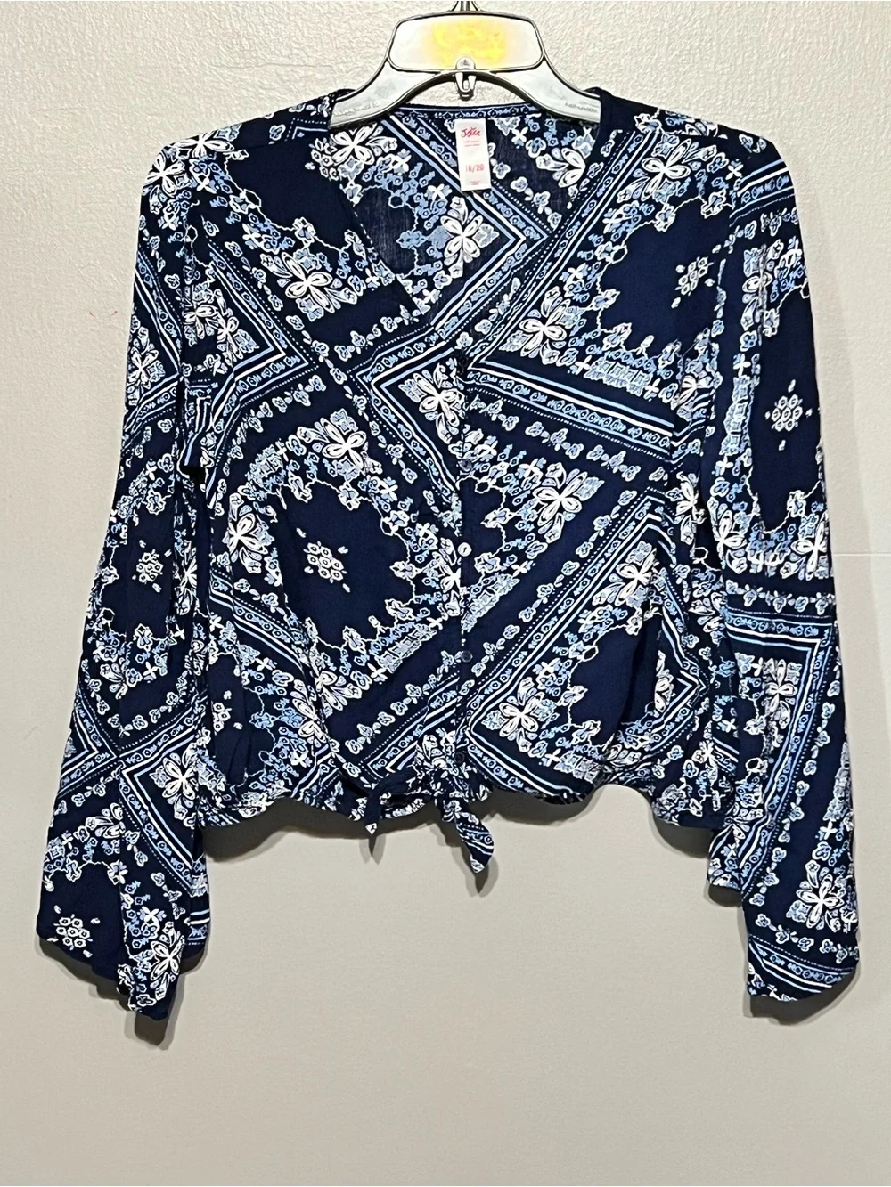 Justice Navy Blue Floral Crinkle Gauze Button Tie Front Top 18/20
